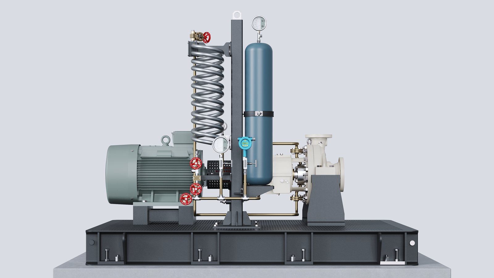 GURDE API 610 proses pompası; elektrik motoru ve mekanik salmastra destek sistemi ile şase üzerinde komple paket