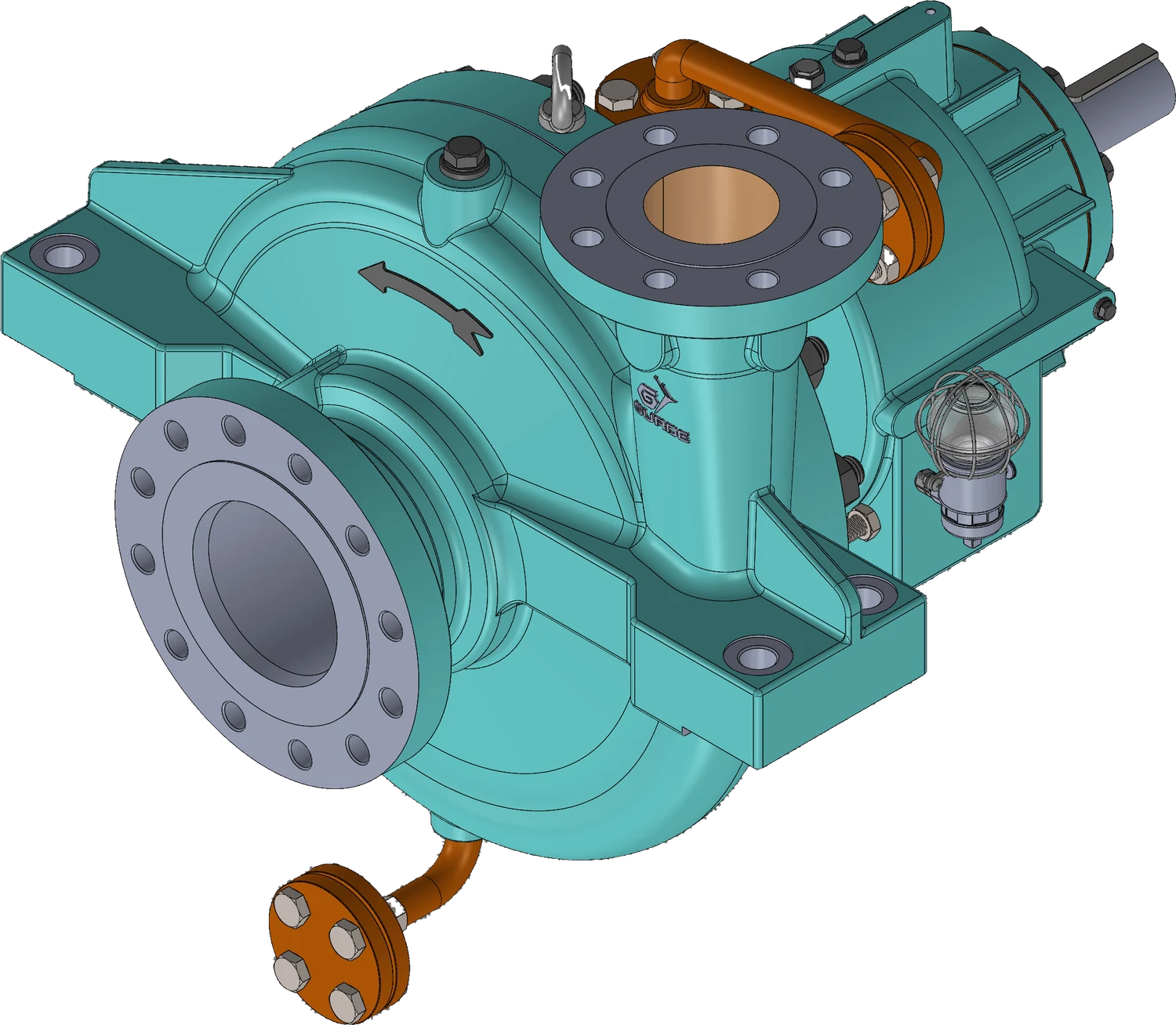 Santrifüj pompa 3D CAD montaj modeli, emme tarafından görünüş